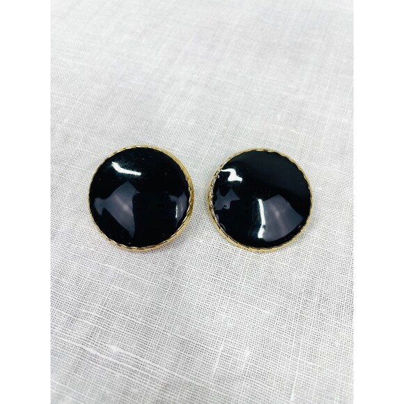 Vintage 80s Earrings Clip On Earrings Glam Black Gold Shiny Glam Vintage Modern - Picture 4 of 7